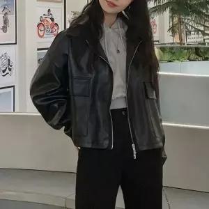 [하프클럽/]여성 가을 봄 간절기 라이더 가죽 자켓 오버핏 데일리 시크룩 아