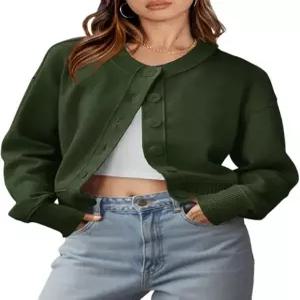 소디말수 여성 버튼업 카디건 가을 트렌디 크루넥 긴팔 니트 크롭 스웨터 재킷 Army Green Small