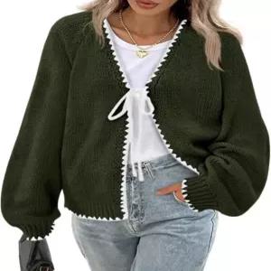 프리티가든 여성 가을 가디건 스웨터 2026 긴팔 오픈 프론트 타이 니트 루즈하고 귀여운 경량 Army Green Small