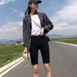 30대블랙진 여성 5부 하이웨스트 반바지 스판 흑청 디스트로이드