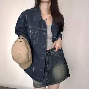 여성 2컬러 캐주얼 루즈핏 찢어진 청자켓 IS-DN41