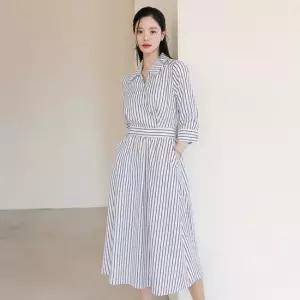 XXL까지) 코라이 스트라이프 뒷밴딩 플레어 원피스 봄 가을 하객룩 오피스룩 데이트 모임 미시 빅사이즈