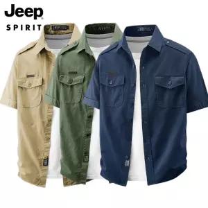 JEEP SPIRIT 남성 반팔 셔츠 여름 면 100% 넉넉한 핏 다중 포켓 캐주얼 셔츠