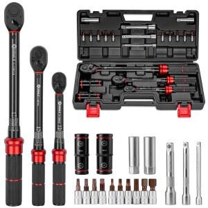XEMILE 1/4 3/8 1/2인치 드라이브 클릭 토크 렌치 20PCS 렌치 세트 20-260 IN.LB 5-45 FT.LB 10-170 듀얼 방향 72 톱니 레인지 스케일 자전거 모터사이클 수리 시 3% 정밀도