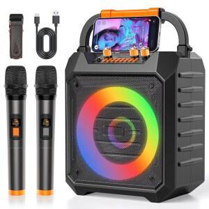 노래방 기계 무선 마이크 2개 파티 AUX 트레블 LED 베이스 PA FM 성인 강력한 녹음 USB TF BT 블루투스 가정용 스피커 시스템 조명 포함