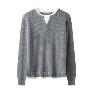 원픽 남성 데일리 통근용 솔리드 컬러 브이넥 페이크 투피스 스웨터 캐주얼 풀오버