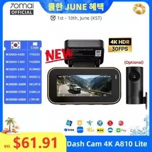 70mai 정품 신형 블랙박스 4K A810Lite HDR 슈퍼커패시터 4G LTE 원격 제어 Wi-Fi 6 GPS 음성 차량용 DVR