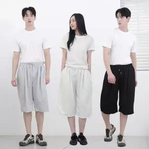 남녀공용 버뮤다 7부바지 와이드 핀턱 트레이닝 운동복 팬츠 밴딩