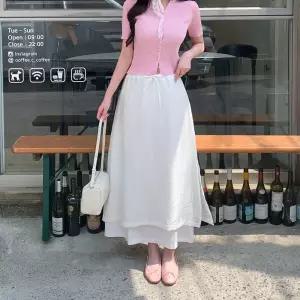 [골피아]국내생산 리본 자수 스트라이프 롱스커트