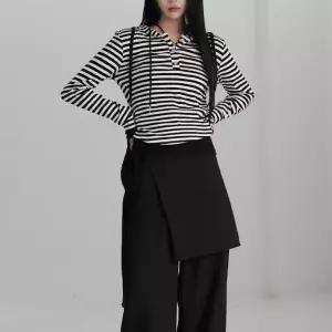 여성 슬림 라인 스트라이프 모자 티셔츠 긴팔 상의