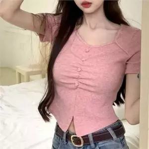 [골드스마일]데일리 여성 반팔 티셔츠 슬림핏 셔링 티셔츠 브이넥 라운드
