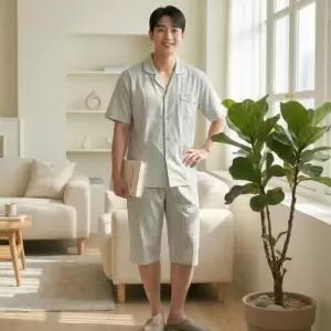 [옷자락] 남자 모던 체크 카라 반팔 빅사이즈 파자마 홈웨어 세트