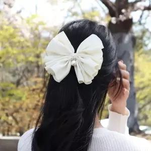 플리츠 화이트 진주 포인트 리본 헤어핀 자동핀 진주머리핀 빅리본핀 (WA36EBD)