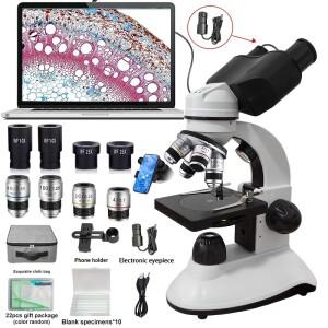 40X-2500X 쌍안 현미경 전문가용, USB 카메라 및 휴대폰 마운트가 있는 듀얼 LED 조명, 실험실용 슬라이드