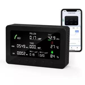 실내 공기질 모니터 10대 1 APP 7인치 디스플레이 CO2 꽃가루 감지기 소음 데시벨 미터 TVOC PM1.0 AQI