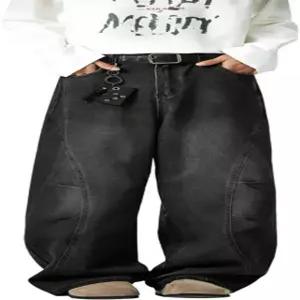 qcdyrxf 남성 불규칙 봉합 배기 청바지 Y2k 와이드 레그 루즈핏 스트리트웨어 데님 힙합 Black X-Small
