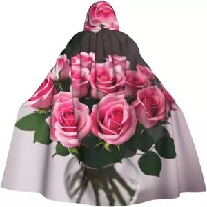 캐드루이 핑크 로즈 프린트 후드 망토 성인 코스프레 코스튬 액세서리 로브 카니발 가면극 축제
