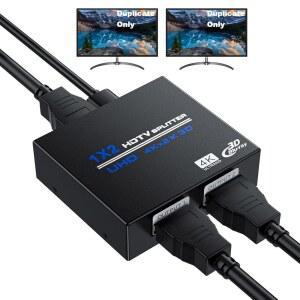 HDMI 스플리터 1인치 2개 출력 4K 듀얼 모니터용 1X2 전원 멀티포트 어댑터 4K 울트라 HD 3D HDR 지원 중복/거울 화면 XBOX PS5 PS4 PS3 파이어 스틱 블루레이 플레이어 HDTV에 이상적임
