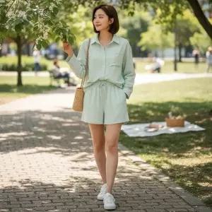 여자 체형커버 루즈핏 셔츠 반바지 투피스 세트_25599966_588872