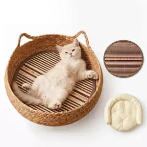고양이를 위한 시냅토라 17인치 짚 직조 바구니 침대 사계절용 쿨링 매트와 따뜻한 쿠션이 있는 위커 펫
