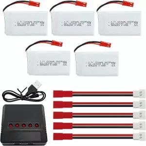 MJX 5PCS 3.7V 1200mAh 30C Lipo Battery with 5in1 Charger JST Plug for T04 T05 T25 V2400HD V2450FPV