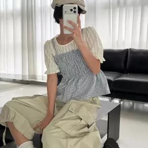 [하프클럽/]여자 배색 프릴 체크 뷔스티에 레이어드 퍼프 블라우스