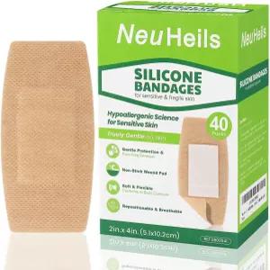 민감성 피부를 위한 NeuHeils 실리콘 붕대 대형 2x4 인치 40 카운트 저자극성 및 방수 관리 제거 논스틱