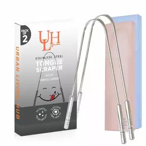 혀 스크레이퍼 클리너 스테인리스 스틸 금속 구취 감소 구강 위생 관리 2팩 여행 사례 ULH 도시 생활 허브