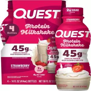 퀘스트 뉴트리션 딸기 단백질 쉐이크 45g 2g 설탕 4g 순 탄수화물 바로 마실 수 있음 텐 프리 4개 카운트