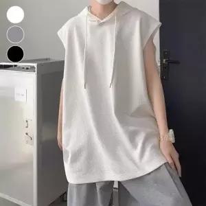 남자 모던 캐주얼 루즈핏 와플 민소매 후드티_25606585_588872