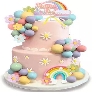 보호 그루비 생일을 맞아 데이지 플라워 파스텔 볼을 곁들인 레인보우 케이크 토퍼