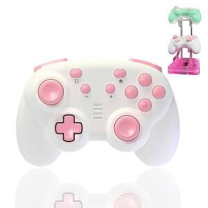 turbX Mini Mate Wireless Gaming Controller, Gamepad Joystick, LED Steam, Switch Stand Nintendo Cute Pink 6-Axis Windows RBG Joystick PC w. Charging Gyro, 3D Glowing & Complimentary Light, Wired