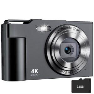 16배 줌 안티 쉐이크 기능이 있는 디지털 카메라 FHD 4K 포인트 및 슈팅 48MP 컴팩트 소형 32GB 카드 남아 여아용
