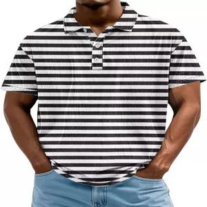 남성 버티컬 스트라이프 폴로 셔츠 여름 컬러 블록 티 플러스 사이즈 V넥 반팔 빈티지 칼라 상의