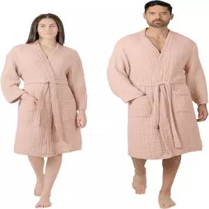 컴피 컵스 100 코튼 머슬린 목욕 가운 스파 또는 라운지를 위한 포켓과 벨트가 있는 4겹 흡수 로브
