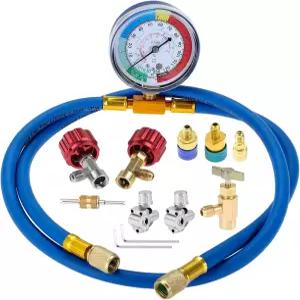 게이지 키트가 있는 Mtsooning R134A R12 R22 AC 충전 호스 냉매 BPV31 관통 밸브 R134a 캔 R1234yf 로우