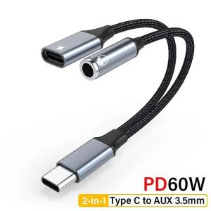 2in 1 USB-C to 3.5mm 헤드폰 잭 어댑터 타입 C PD 60W 충전 오디오 AUX 아이폰호환 아이패드 호환 프로 삼