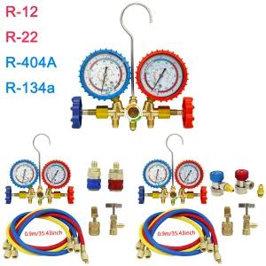 3방향 AC 매니폴드 게이지 세트(R12/R22/R404A/R134a용 호스 포함) 자동차 HVAC 냉매 진단 도구