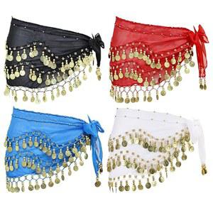 FeelfunFeather Belly Dance Hip Scarf Women's Tie Waist Wrap 129 Coin Skirt for Belly Dance Performance Parties Rave Halloween-BlackWhiteRedAquablue-4pc