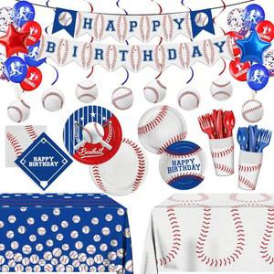 223pcs 야구 접시 냅킨 생일 파티 용품 식기 세트 접시, 냅킨, 컵, 식기류, 풍선, 배너, 걸이 소용돌이, 장식용 식탁보 24개 포함