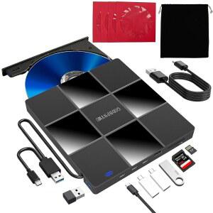 고드비프니뮤 CD 버너 8-in-1 노트북용 외장 CD/DVD 드라이브, USB 및 USB-C 포트 2개, TF/SD 카드 리더, 굽기 재생 지원, Windows 11-7 macOS와 호환, 1+4 저장 백 포함
