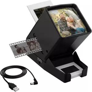 DigitPro 35mm 슬라이드 뷰어 및 필름 - 광학 유리가 장착된 3배 확대 2x2 네거티브 LED 조명 USB/배터리