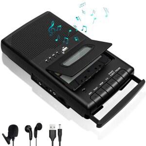 카세트 플레이어 및 테이프 레코더(USB 라펠 마이크 포함) - 헤드폰 잭, 듀얼 전원(AC/배터리), 접이식 휴대용 USB 테이프-MP3 디지털 컨버터, 블랙
