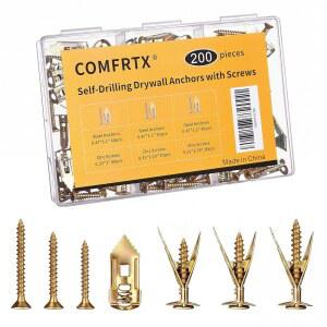 COMFRTX 200PCS 자체 드릴링 건식 벽체 앵커 및 나사 키트 - 벽체용 헤비 듀티 금속 확장 그립 월 앵커, 액자용 3개 크기, 커튼 로드, 선반, 시트록 홈 데코