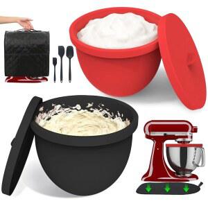 KitchenAid 5 쿼트 틸트 헤드 믹서용 실리콘 볼 라이너, 뚜껑이 있는 2개 세트, 액세서리에는 믹서 슬라이더 매트, 스탠드 방진 커버, 주걱 세트가 포함됩니다