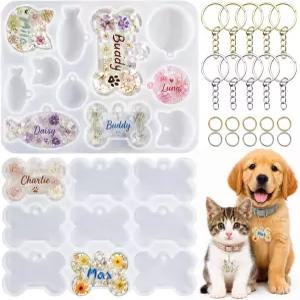 ZJO 22Pcs 애완동물 태그 레진 몰드 키트 캐스팅용 실리콘 개 고양이 이름표 열쇠고리와 점프 고리가 있는