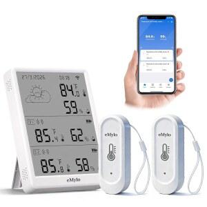 eMylo WiFi 온도계 습도계 3팩, 스마트 디지털 실내 온도 습도 모니터 328Ft 범위, 2개의 IP65 실외 무선 센서, 앱 알림, 무료 데이터 저장소 내보내기, 가정용, 온실용, 온실용