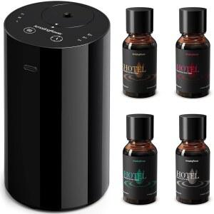 4x10mL 호텔 향기 오일이 포함된 워터리스 에센셜 오일 디퓨저 스타터 키트, 충전식 미니 카 공기 청정기, 가정용 아로마 디퓨저, 블랙