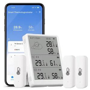 SENCKIT WiFi 습도계 온도계, 기지국 1개 + 센서 3개가 장착된 디지털 실내 온도 습도 모니터, 앱 알림이 포함된 스마트 원격 데이터 저장 및 내보내기, Alexa와 호환 가능