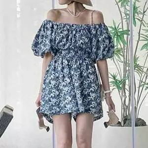 친절한탄씨 여성 블루 쉬폰 미니 점프수트 패턴포인트 허리밴딩 넥밴딩 오프숄더 바캉스룩